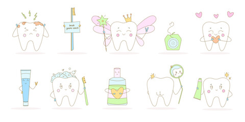 Big set of dental care illustrations. Brushing teeth, mouthwash, toothbrushes, tooth decay and other illustrations on caring for teeth. Flat cartoon styling.