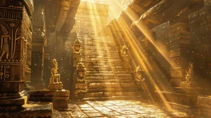 Deurstickers A 3D render of an ancient temple interior features golden statues, intricately carved columns, a stone staircase, and sunbeams illuminating the mystical space. © PorchzStudio