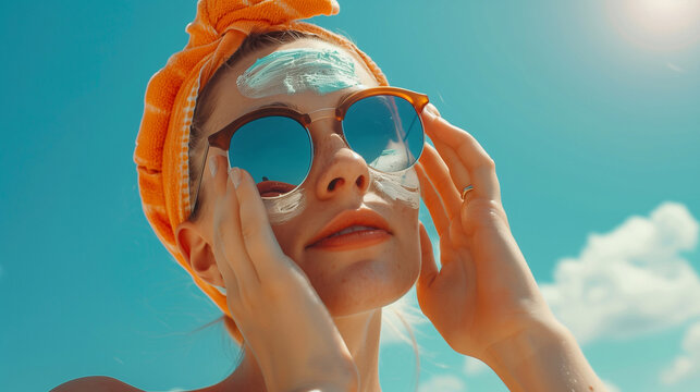 Girl applying sunscreen to her face
