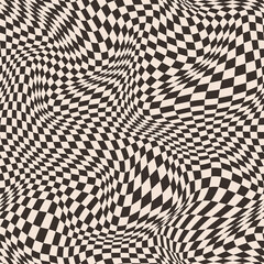 Warped, distorted check seamless vector pattern, black and off white wavy checkered background, groovy psychedelic checkerboard backdrop