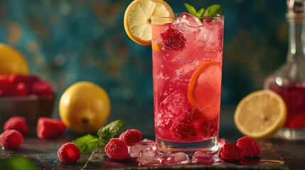 A vibrant raspberry lemonade, with ripe raspberries and tangy lemon juice, served over ice in a...