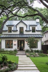 Modern farmhouse with white exterior and dark metal roof, spacious open living room