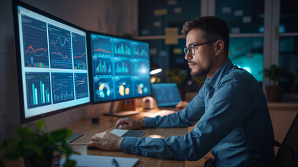 sales manager looking at the sales data statistics of business on computer screens in modern office, growth analysis, businessperson or data analyst working with sales data 