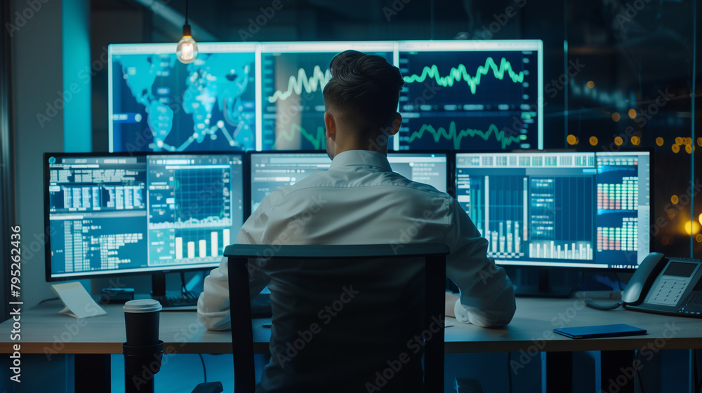 Poster sales manager looking at the sales data statistics of business on computer screens in modern office,