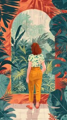 A person stands at the entrance of a lush, tropical greenhouse