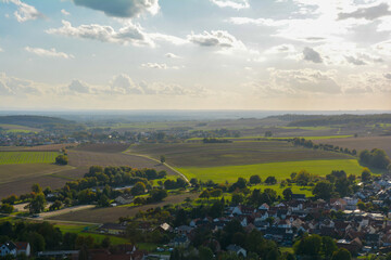 View from above of a village in a green landscape