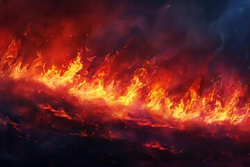 raging wildfire with intense flames and glowing embers against night sky digital painting