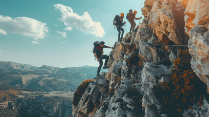 A dramatic image of team members pulling each other up a steep rock face, showcasing trust and...