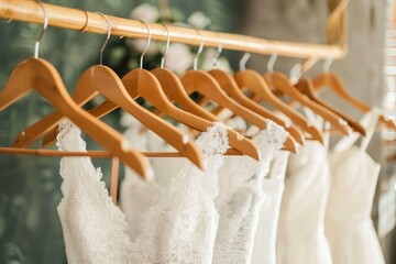 Luxurious bridal boutique featuring elegant white wedding gowns displayed on hangers
