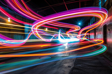 Neon tubes creating streaks of light in motion through a long exposure shot.