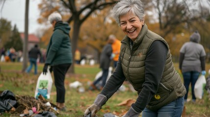 For environmental assistance, garbage, volunteer, and senior women clean trash, pollution, or waste. Eco-friendly neighborhood, NGO, and plastic bottle container assist clean up nature park.