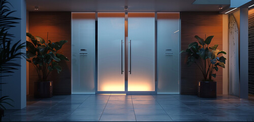 Contemporary brilliance a?" frosted glass door, evening glow, stunning HD.