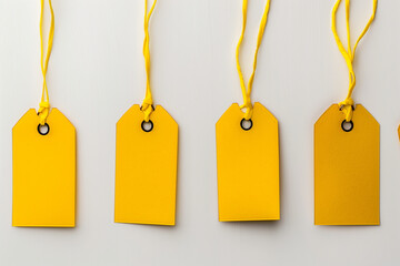 clean and modern photo a selection of yellow price tags against a pristine white background, offering a minimalist template for creating impactful product labels and promotional ma
