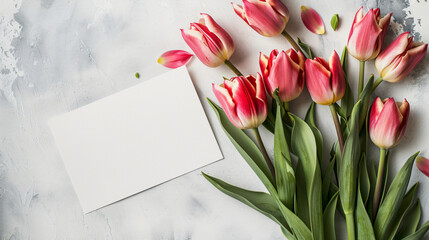 Blank card and beautiful tulip flowers on light background