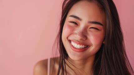 Naklejka premium Happy, picture, and Asian woman laughing in studio with jokes on pink background. Funny, smile, and face of female model laughing to funny, lively, positive mood