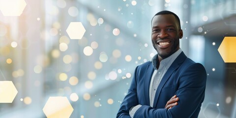 Portrait, business, black man with banner, arms crossed, startup, lens flare, accomplishments. Face, African employee, labor, and corporate professional with grid - obrazy, fototapety, plakaty