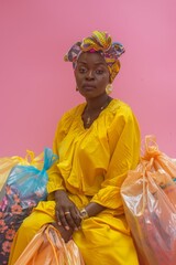 Studio bag, shopping issue, black woman with lousy product, boutique dilemma, or business failure. Face, error, or African client dissatisfied with shopping on pink background.