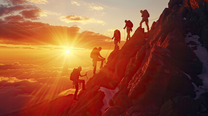 A stunning sunrise scene showing a group of climbers reaching the summit together, symbolizing successful team collaboration