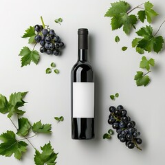 Obraz premium Wine bottle with white label, placed on a flat surface, on a white background. Advertising, advertising poster, raw label, commercial images, minimalist photography, border with grapes and leaves.