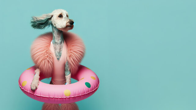 Funny dog wearing summer fashion on pastel background with copy space. Summer Vacation Concept.