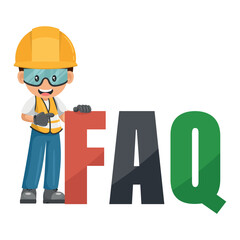 Industrial construction worker with giant FAQ letters, Frequently asked questions concept. Industrial safety and occupational health at work