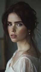 Elegant woman portrait  dark haired lady in low bun hairstyle with subtle makeup and pearl earrings