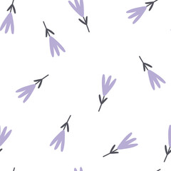 Small purple flowers on white background, seamless pattern. Vector illustration.