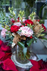 bouquet of red roses and gerberas
