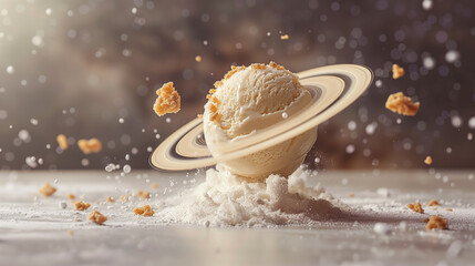 A scoop of ice cream resembling a ringed planet surrounded by floating cookie crumbs