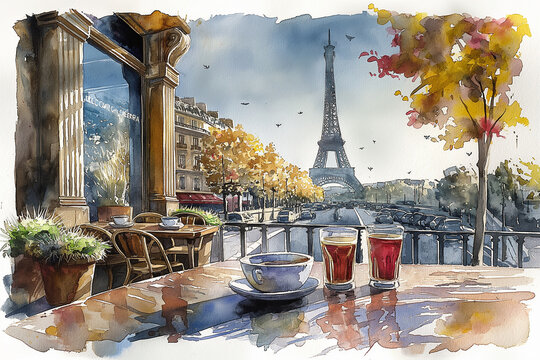 Watercolour illustration of calm atmosphere in Parisian bar with tables outside and Eiffel Tower view. Travel concept