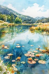 Hand drawn watercolor of a charming lake, clear sky above, in bright pastels, serene style