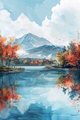 Watercolor charming lake with clear sky, bright pastels, serene and vintage nature scene