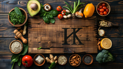 Fototapeta na wymiar Board with healthy products and letter K on wooden background