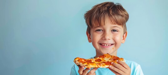 Charming kid savoring pizza on gentle backdrop, offering ample space for custom text insertion