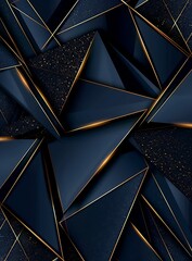  Luxurious Dark Blue Abstract Template with Geometric Triangle Pattern and Golden Striped Lines on Black Background
