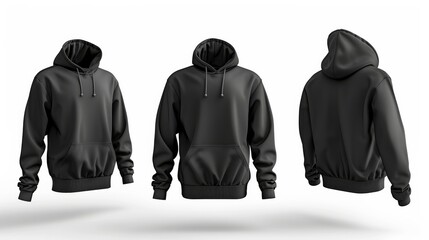 Black hoodie mockup with long sleeves isolated on a white background. 3d rendering. 
