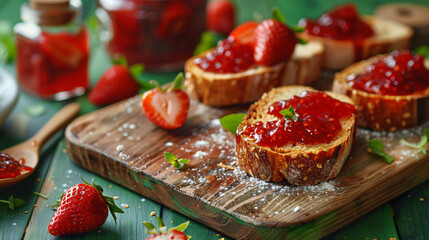Board with slices of bread and delicious strawberry ja