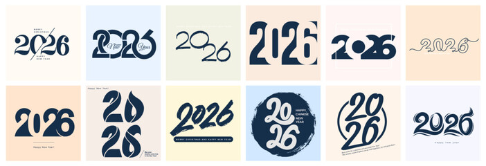 2026 Happy New Year logo text design set. 2026 color number design template. Christmas 2026 Happy New Year symbols. Year design with letter logo concept, poster, calendar, flyer. Vector illustration.