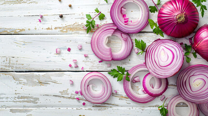Board with slices of fresh red onion on white wooden background - Powered by Adobe