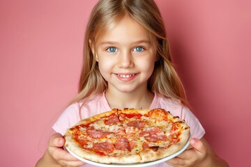 Charming girl savoring pizza on pastel backdrop, providing ample room for text placement