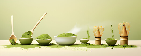 tea with matcha on green background,Green health smoothie with lime,Falling Matcha Tea Powder Green