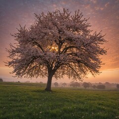 Obraz premium Solitary tree, adorned with blossoms, stands against backdrop of mesmerizing sunset. Sky, painted with hues of purple, orange, illuminates lush green field surrounding tree. Blossoms, in full bloom.