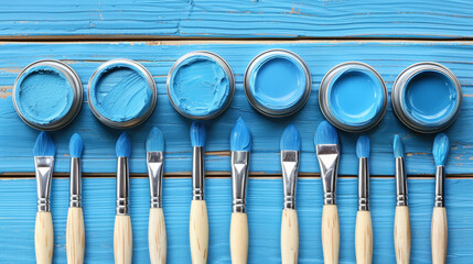 A row of blue paint brushes are lined up on a wooden surface. The brushes are of various sizes and are arranged in a neat row. Concept of organization and order