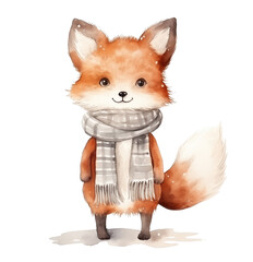 Obraz premium Watercolor winter illustration of fox in scarf isolated on white background.