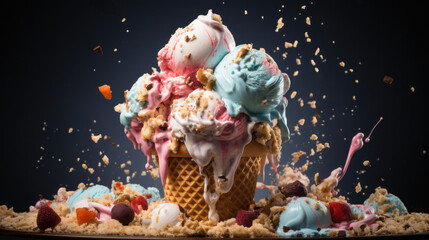 large cone of ice cream balls of different flavors with falling cookie crumbs on a dark background, banner