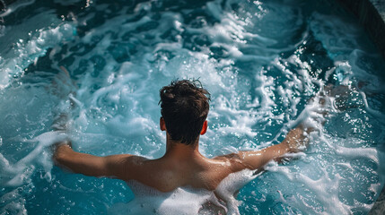 Man Visits Thermal Spa And Sits In The Whirlpool, Enjoying Relaxation And Hydrotherapy Benefits