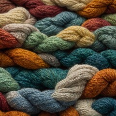 Colorful yarns create vibrant, textured surface in this image. Each strand, dyed in rich hues of red, yellow, green, blue, white, intertwines harmoniously with others.