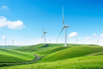 Whispers of Sustainability: A serene wind farm gracefully spinning atop lush green hills under a clear blue sky. The concept of using alternative energy sources.
