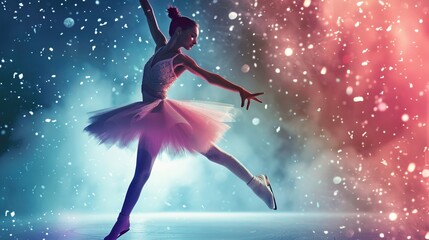 Creative poster with sportive teen girl, junior female figure skater skating over blue background with neon polygonal elements. Professional sport, beauty, winter sports. figure skating