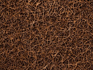 Dense collection of intertwined brown fibers creates chaotic yet mesmerizing pattern. Each fiber, with its unique curvature, alignment, contributes to overall visual complexity.